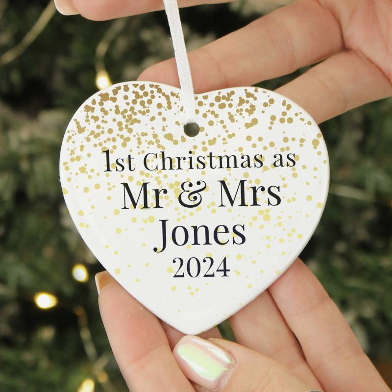 Personalised Mr and Mrs 1st Christmas Ceramic Heart Decoration